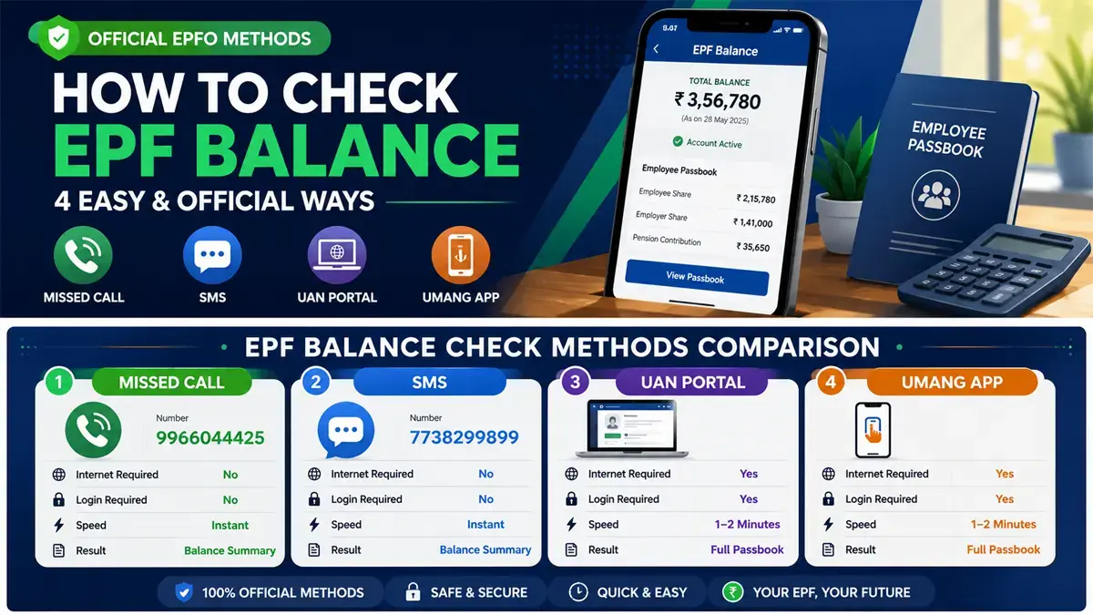 Comparison of official EPF balance check methods including missed call, SMS, UAN portal and UMANG app
