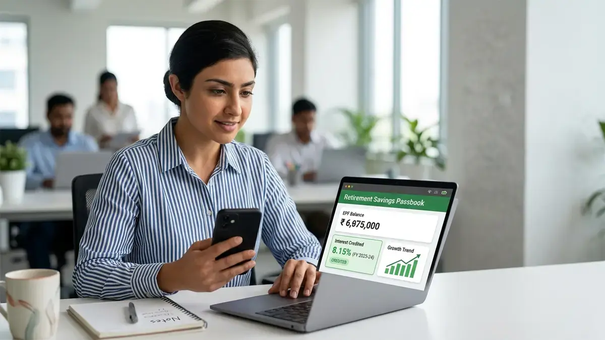 Indian salaried employee checking EPF interest credited in EPFO passbook on a smartphone
