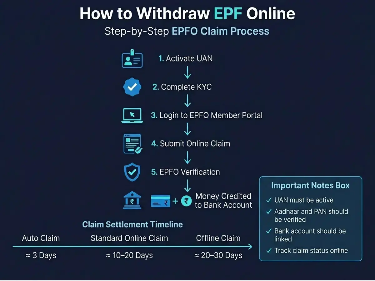 Step by step EPF online withdrawal process infographic showing UAN activation, KYC verification, claim submission and settlement timeline