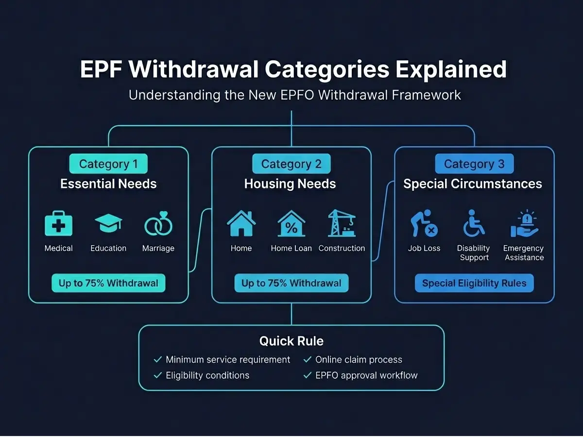 EPF withdrawal categories infographic showing essential needs, housing needs and special circumstances under EPFO withdrawal rules