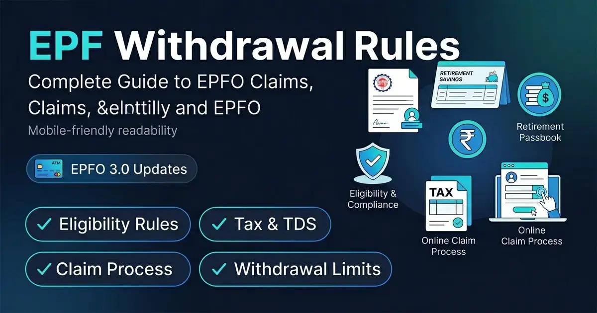 EPF Withdrawal Rules guide showing EPFO claim process, tax rules, eligibility conditions and settlement timeline