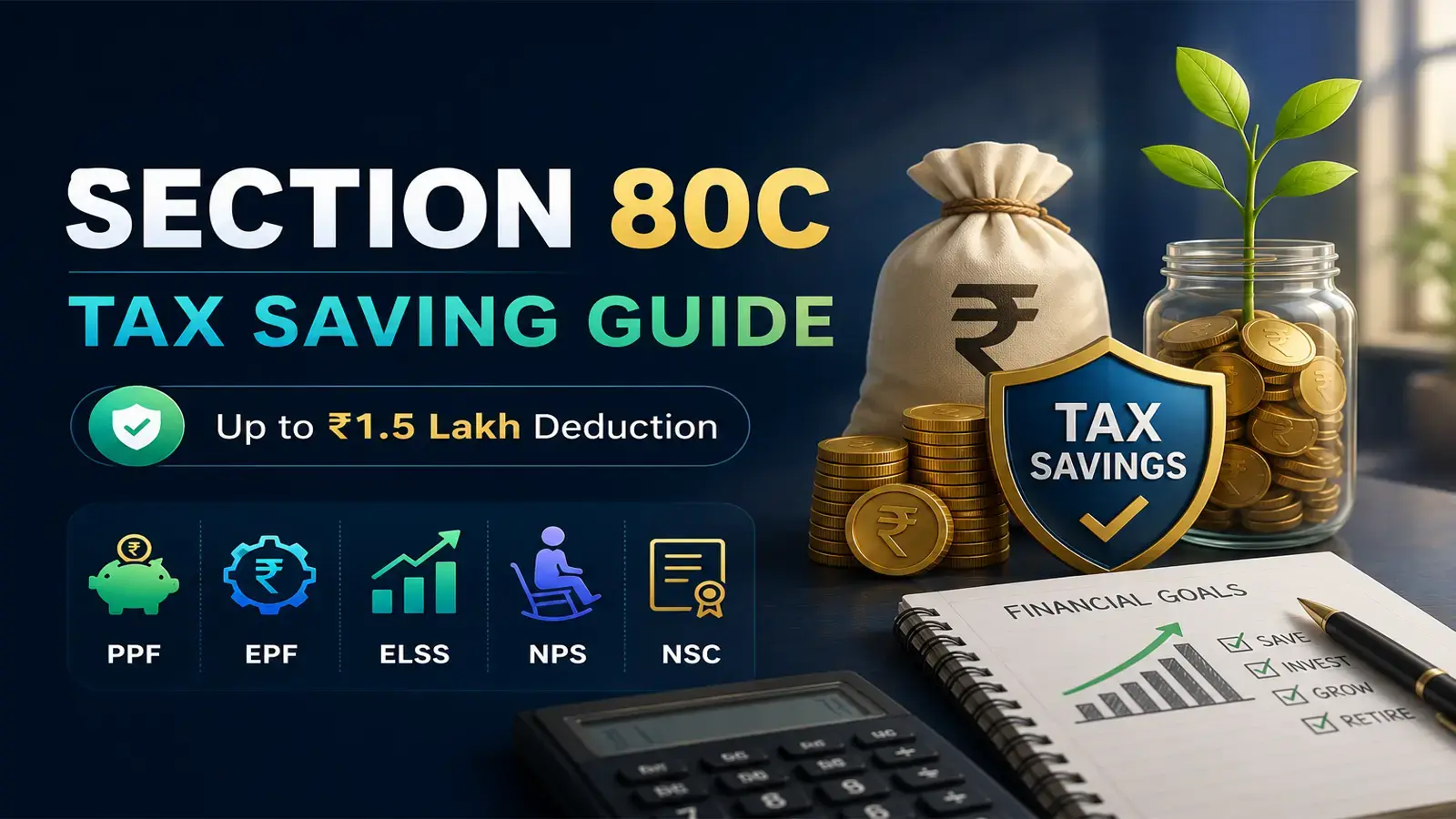 Section 80C tax saving illustration showing financial planning, wealth growth and tax deduction benefits