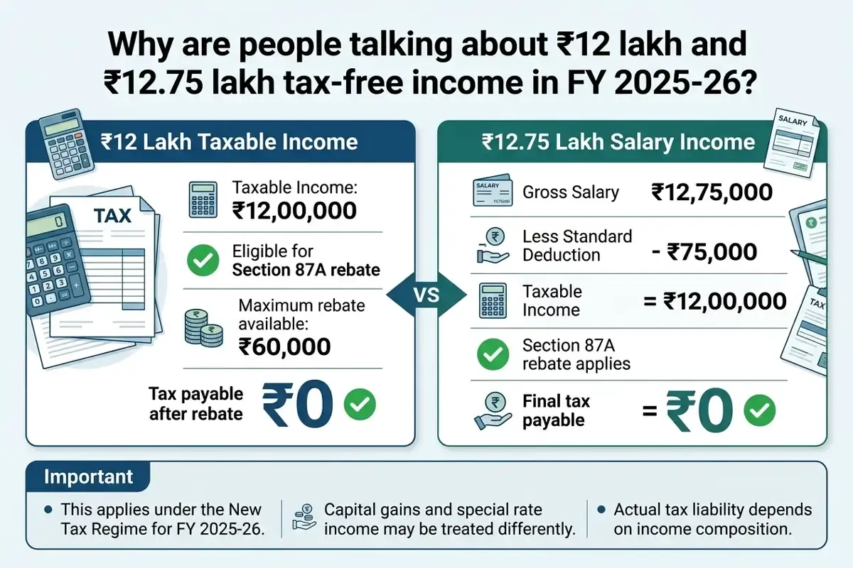 Infographic comparing ₹12 lakh total income limit and ₹12.75 lakh gross salary for salaried employees under Section 87A new tax regime FY 2025-26 — showing how ₹75,000 standard deduction bridges the gap