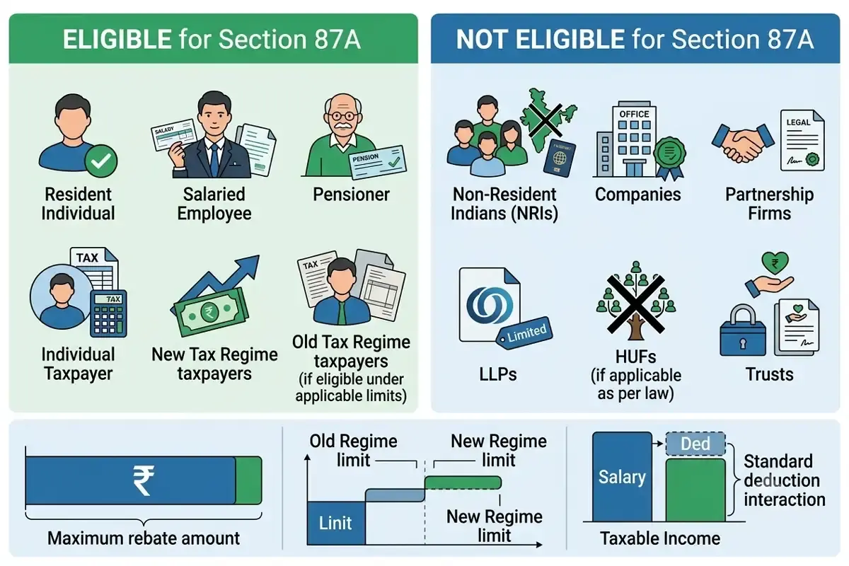 Section 87A eligibility flowchart for FY 2025-26 — who can claim the rebate: resident individual, total income within ₹12 lakh limit under new tax regime, slab-rated income only, NRIs and HUFs excluded