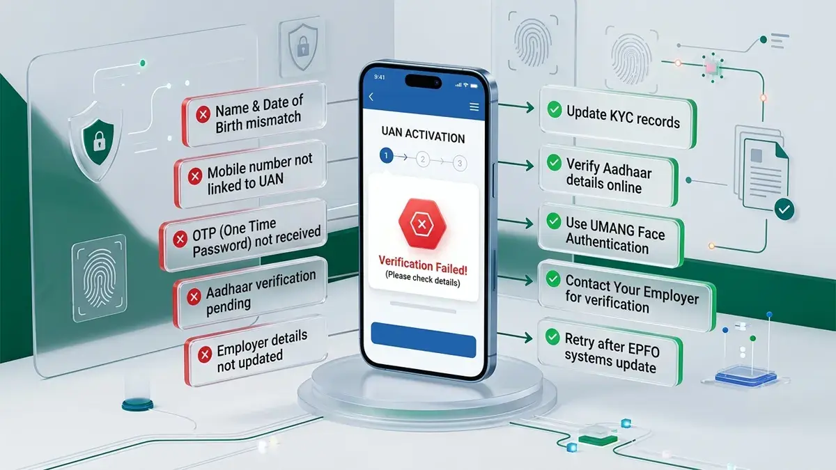 Common UAN activation errors such as OTP failure, mobile mismatch and Aadhaar verification issues